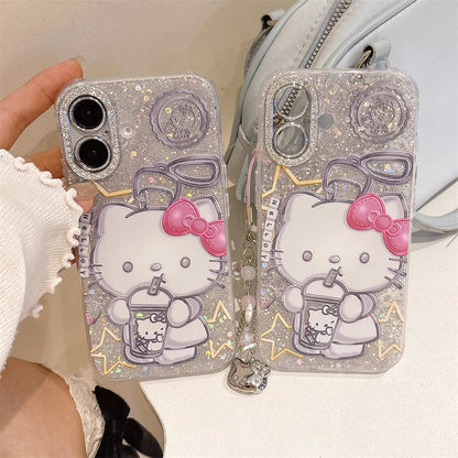 Fashion Glitter Silver Hello Kitty Tea Drinking Pattern Phone Case