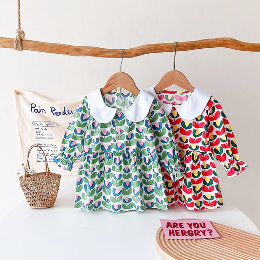 Solid Collar Floral Dress
