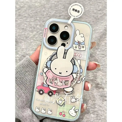 Cartoon Driving Miffy Phone Case Kawaii Listening Music Miffy Rabbit Magnetic Bracket Phone Case Suitable For iPhone