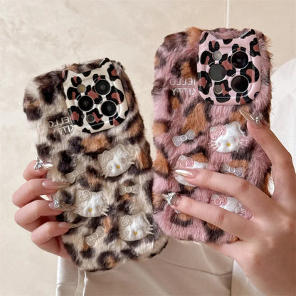 Cartoon Fluffy Hello Kitty Plush Cat Ears Phone Case