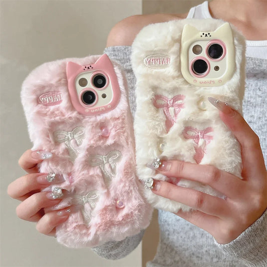 Soft Fluffy Plush bowknot Cat Ears 3D Pearl Phone Case