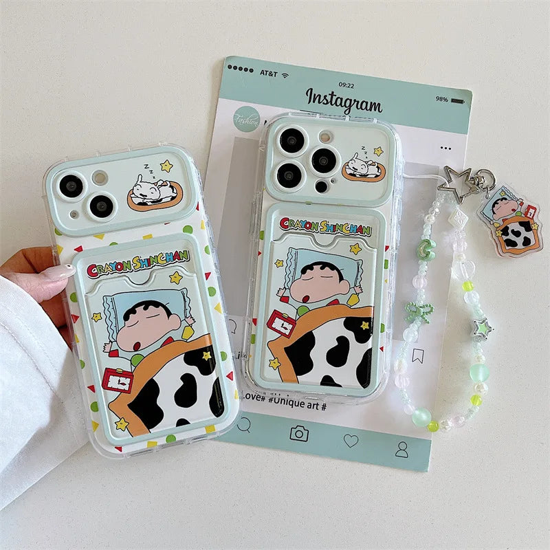 Cartoon Sleep Crayon Shin-chan Card Wallet Pocket Phone Case For iPhone