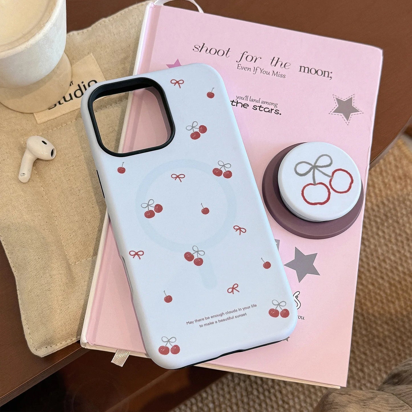 Korea Cute Cartoon Cherry Magnetic Stand Holder Phone Case For iPhone