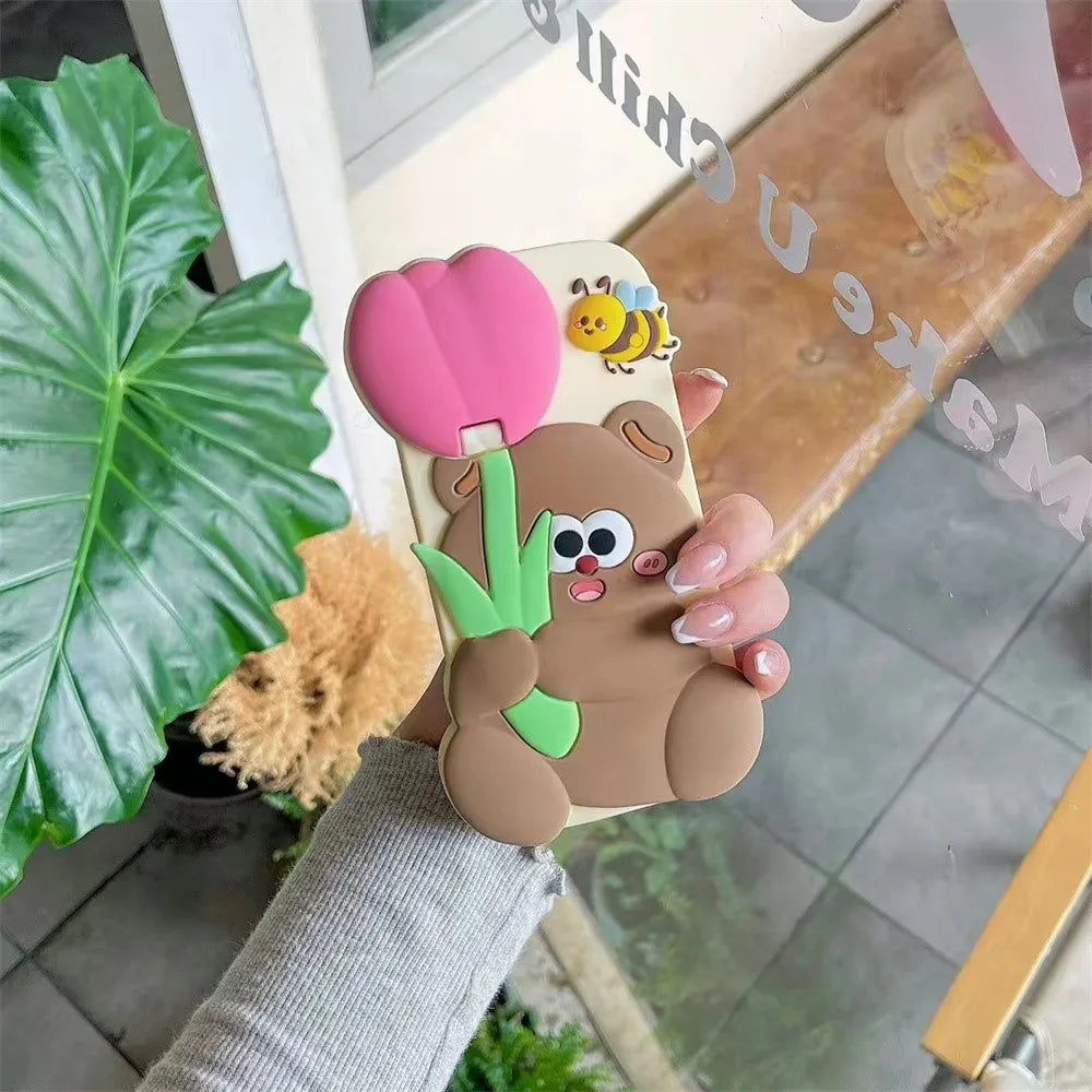 Kawaii 3D Cartoon Bear Holding Tulip Phone Case