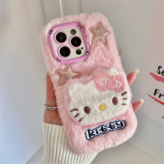 Cute Hello Kitty Fur Fluffy Camera Holder Stand Phone Case