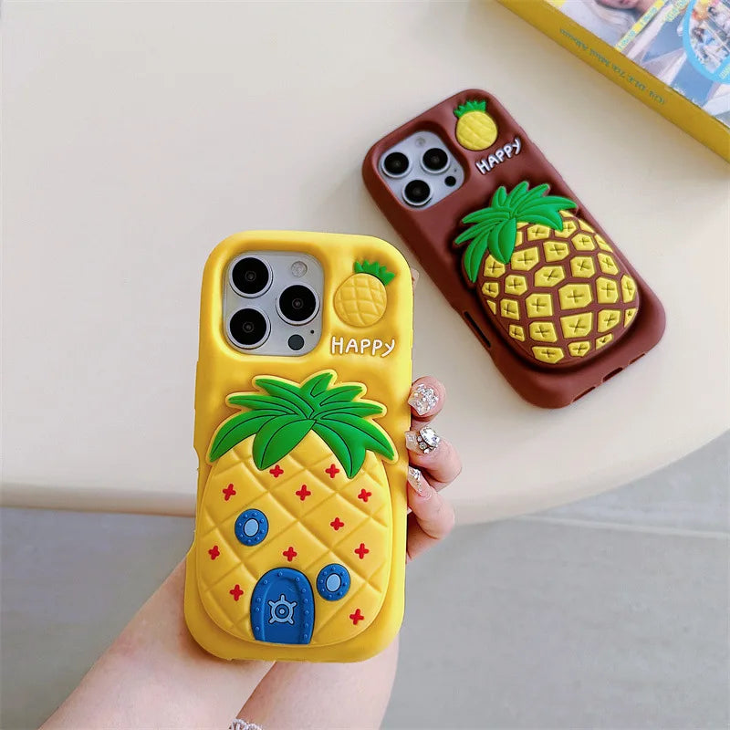 3D Cartoon Pineapple Telescopic Bracket Soft Silicone Phone Case For iPhone