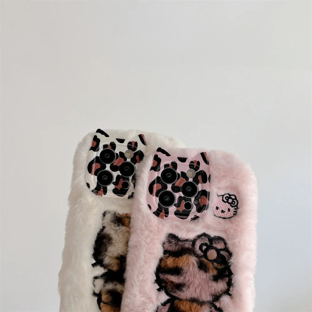 Cartoon Fluffy Hello Kitty Plush Cat Ears Phone Case