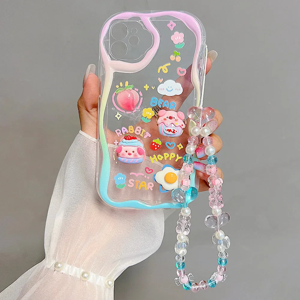 Cute 3D Pig Bracelet Wrist Chain Lanyard Clear Soft Phone Case For iPhone