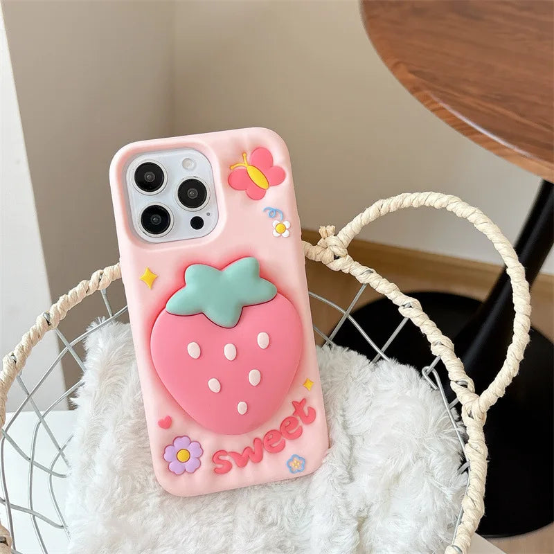 3D Cute Cartoon Strawberry Telescopic Bracket Silicone Phone Case For iPhone