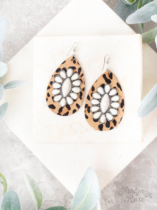 Set In Stone Leopard Drop Earrings, White Stone Aaria Tees