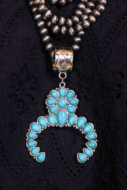 Howdy Partner Turquoise Squash Blossom, Silver