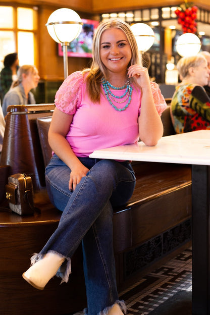 Pink Ribbed Tee With Lace Puff Sleeve