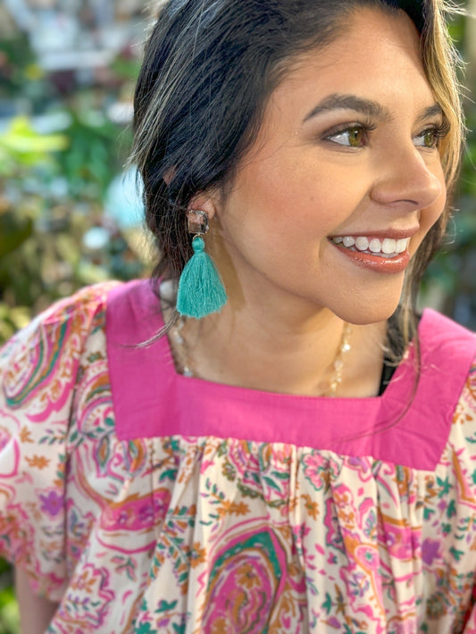 LOVE NOTES TURQUOISE TASSEL STUD EARRINGS Aaria Tees