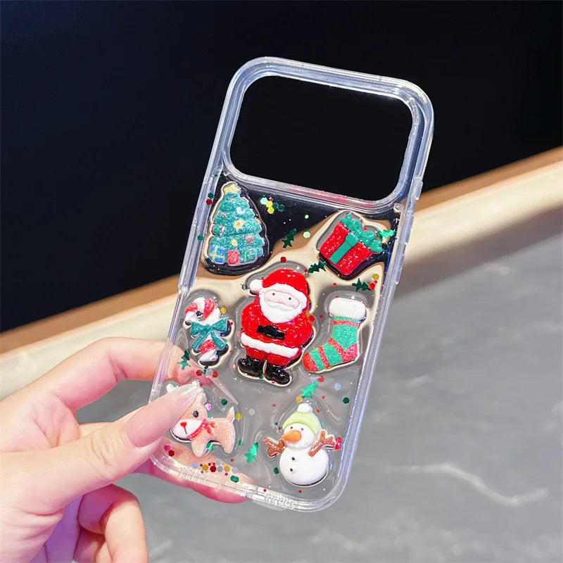 3D Cute Cartoon Christmas Drop Glue Glitter Phone Case For iPhone