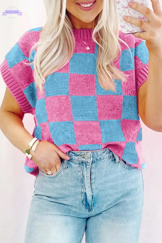 Sachet Pink Colorblock Plaid Pattern Ribbed Trim Sweater Tank Top Aaria Tees