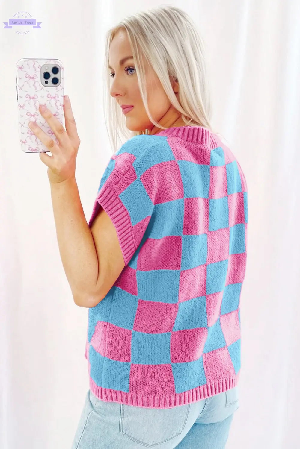 Sachet Pink Colorblock Plaid Pattern Ribbed Trim Sweater Tank Top Aaria Tees