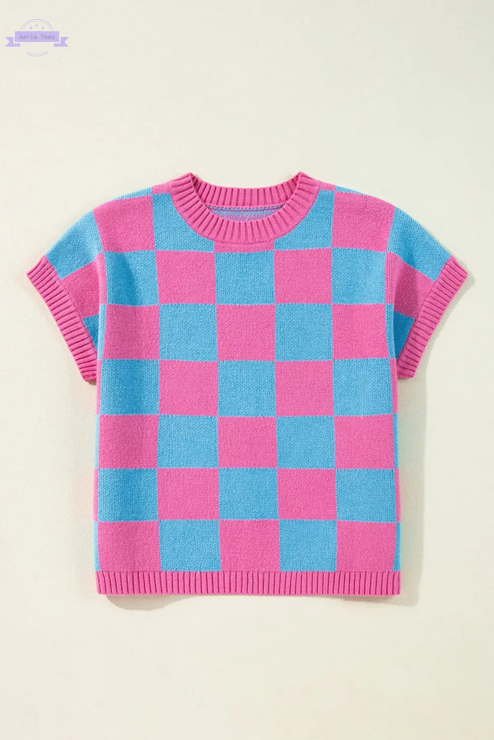 Sachet Pink Colorblock Plaid Pattern Ribbed Trim Sweater Tank Top Aaria Tees