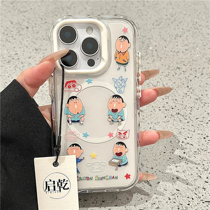3D Anime Cute Couple Funny Crayon Shin-chan Magsafe Wireless Charge Case For iPhone