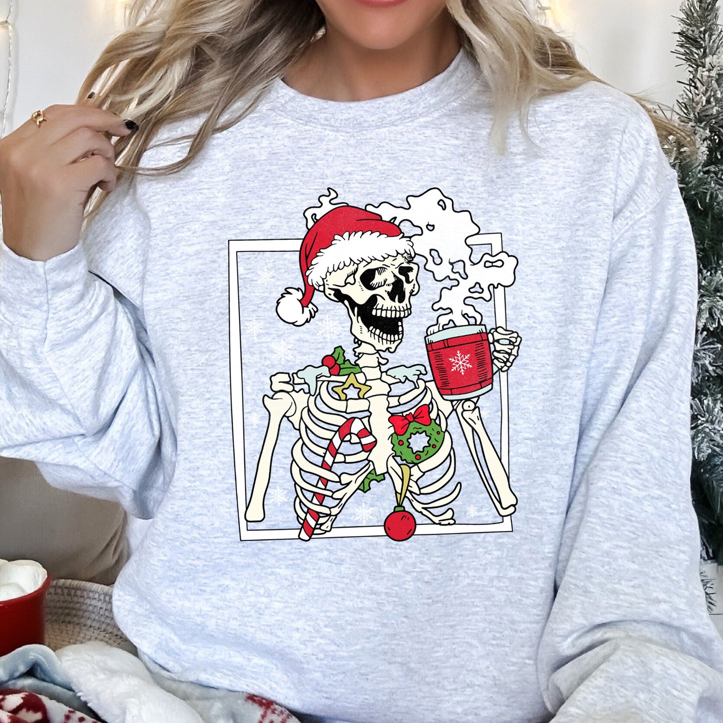 Santa Skeleton Coffee, Retro, Christmas Sweatshirt