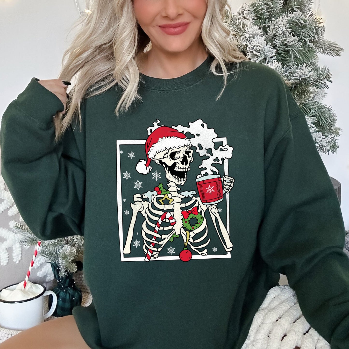 Santa Skeleton Coffee, Retro, Christmas Sweatshirt