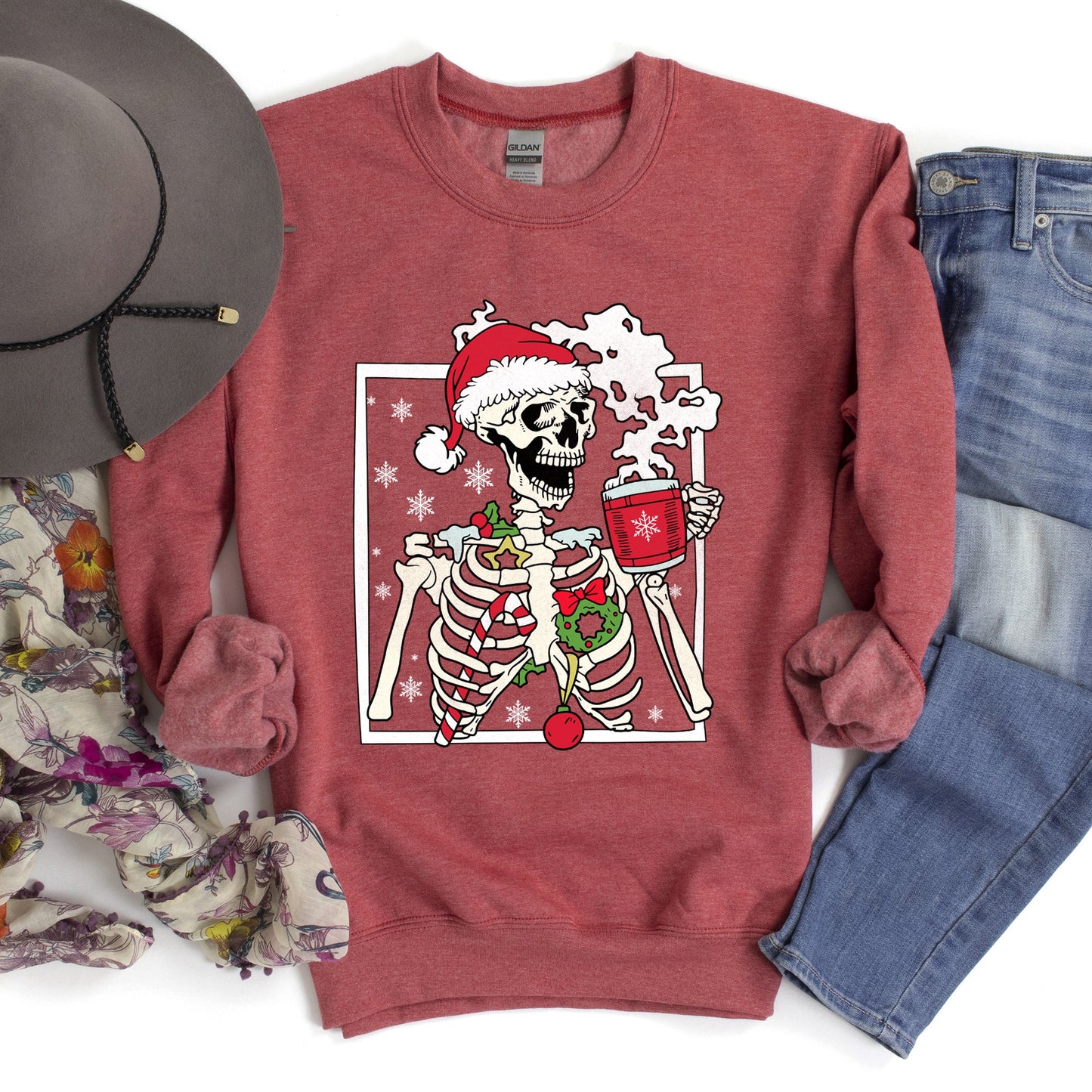 Santa Skeleton Coffee, Retro, Christmas Sweatshirt
