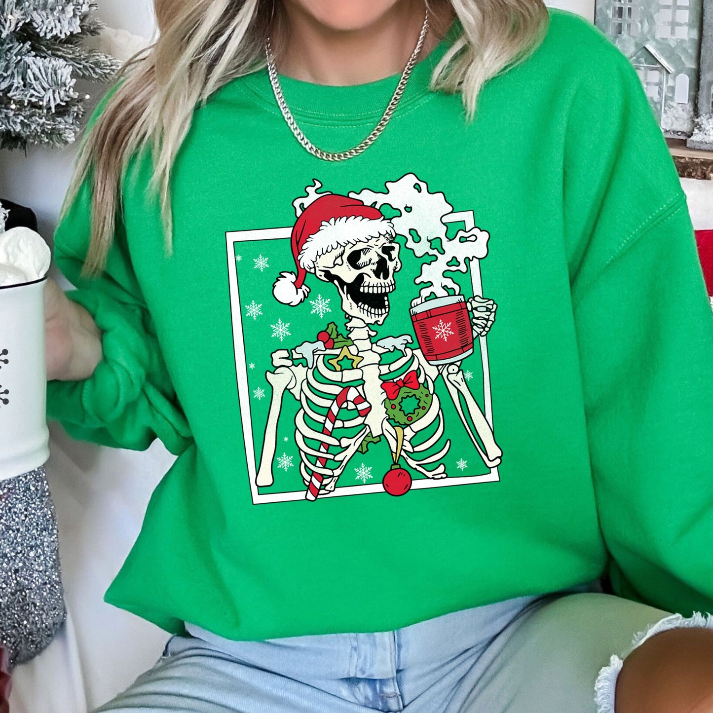 Santa Skeleton Coffee, Retro, Christmas Sweatshirt
