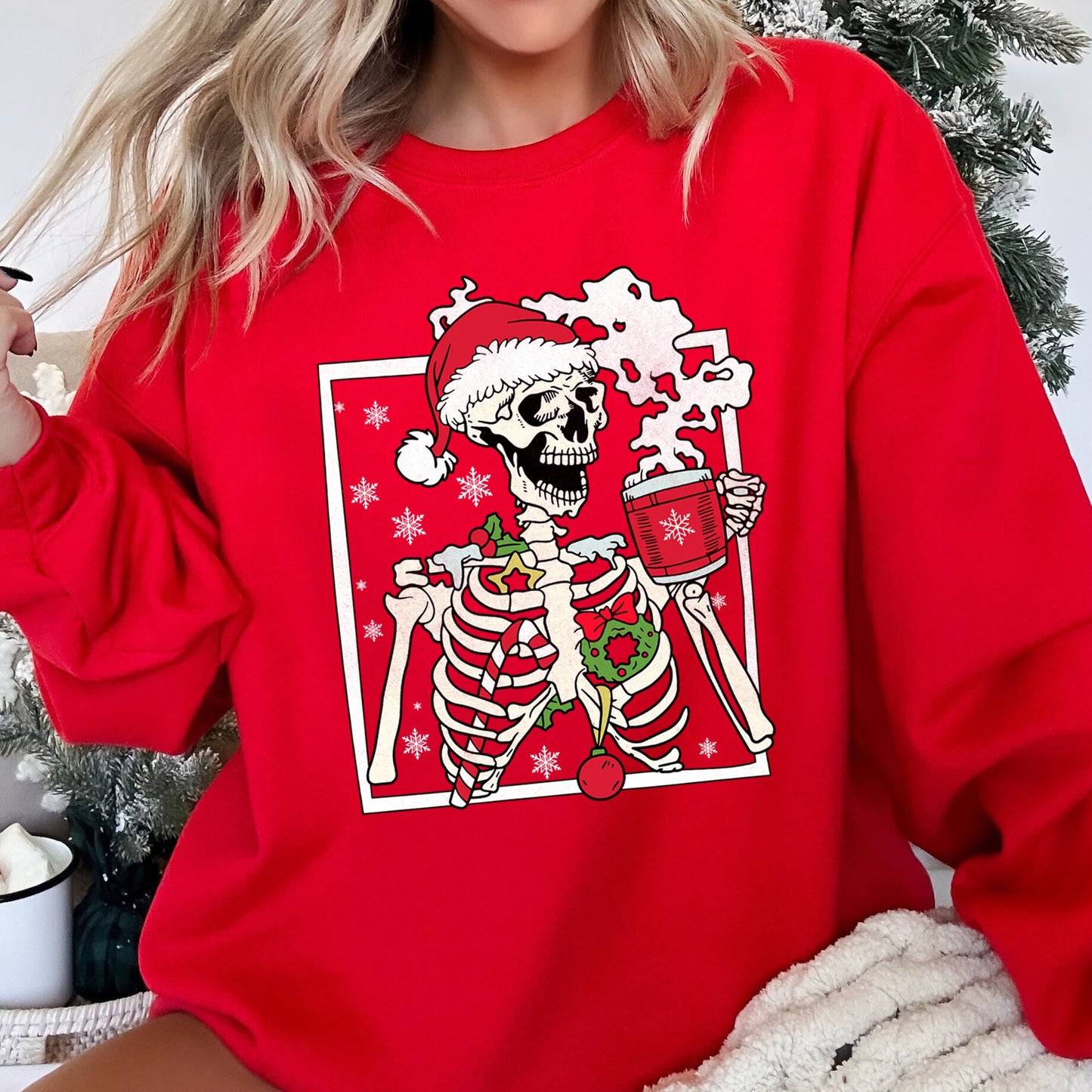 Santa Skeleton Coffee, Retro, Christmas Sweatshirt