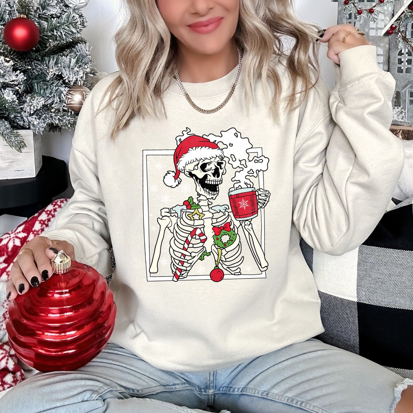 Santa Skeleton Coffee, Retro, Christmas Sweatshirt