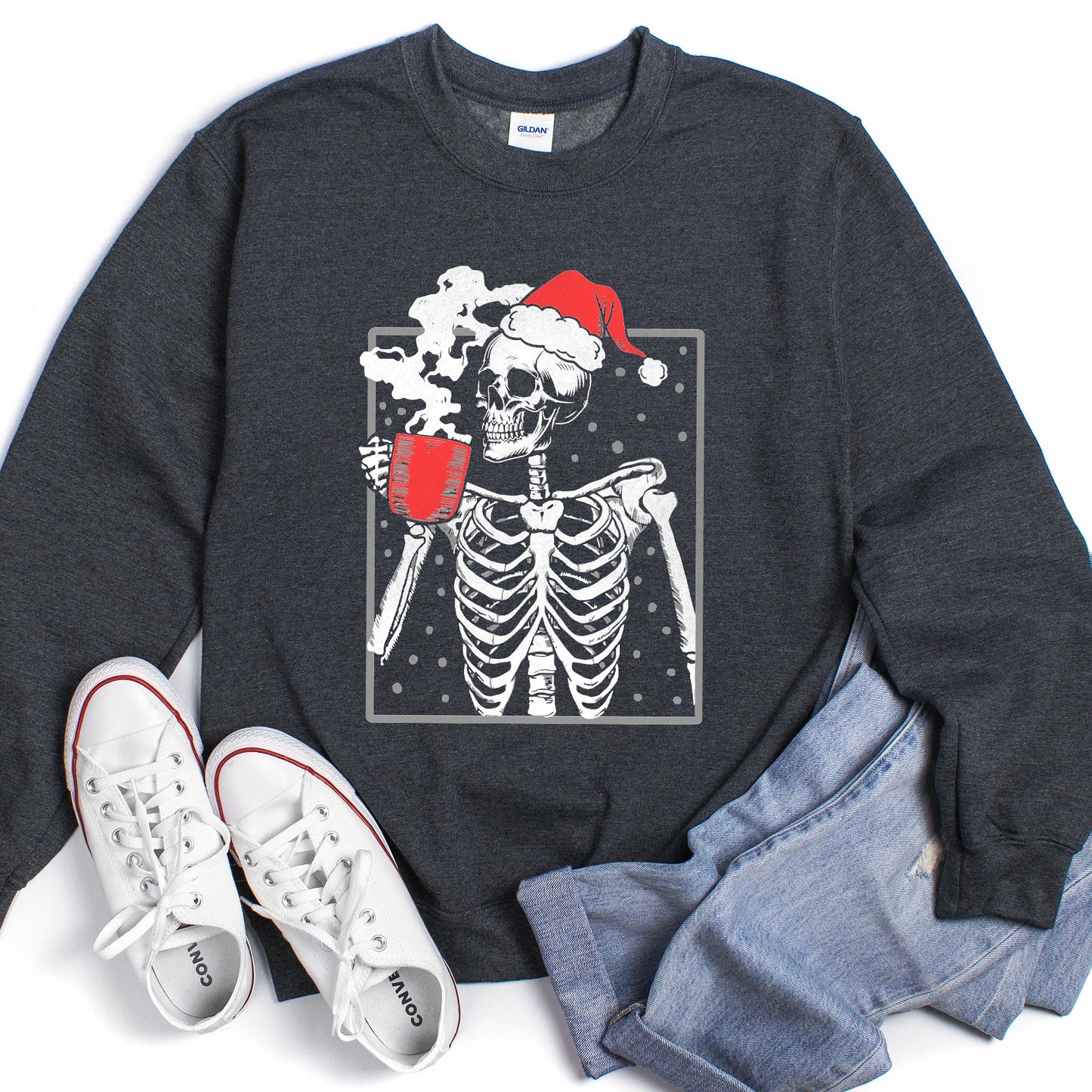 Santa Skeleton Coffee, Vintage, Christmas Sweatshirt