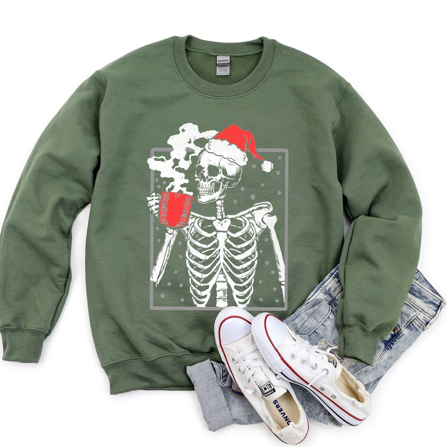 Santa Skeleton Coffee, Vintage, Christmas Sweatshirt