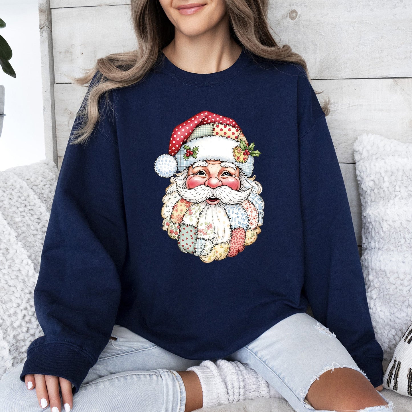 Santa, Christmas, Faux Quilt, Cute Sweatshirt