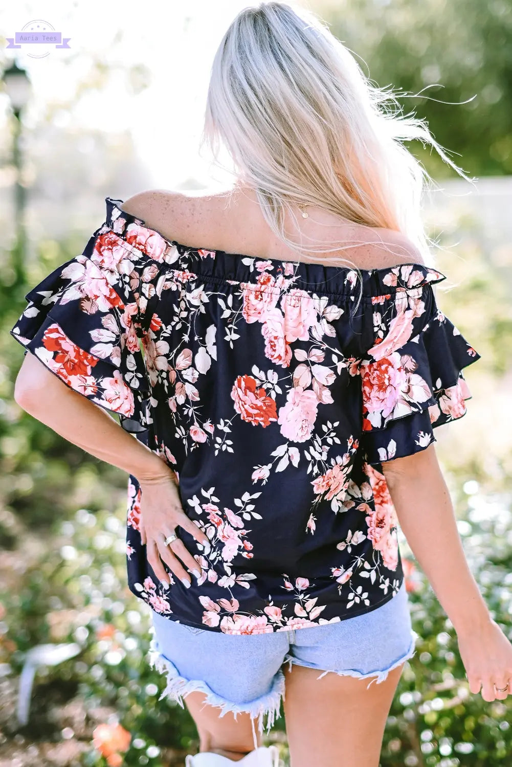Savanna Ruffle Off Shoulder Flounce Sleeve Blouse Threaded Pear Aaria Tees