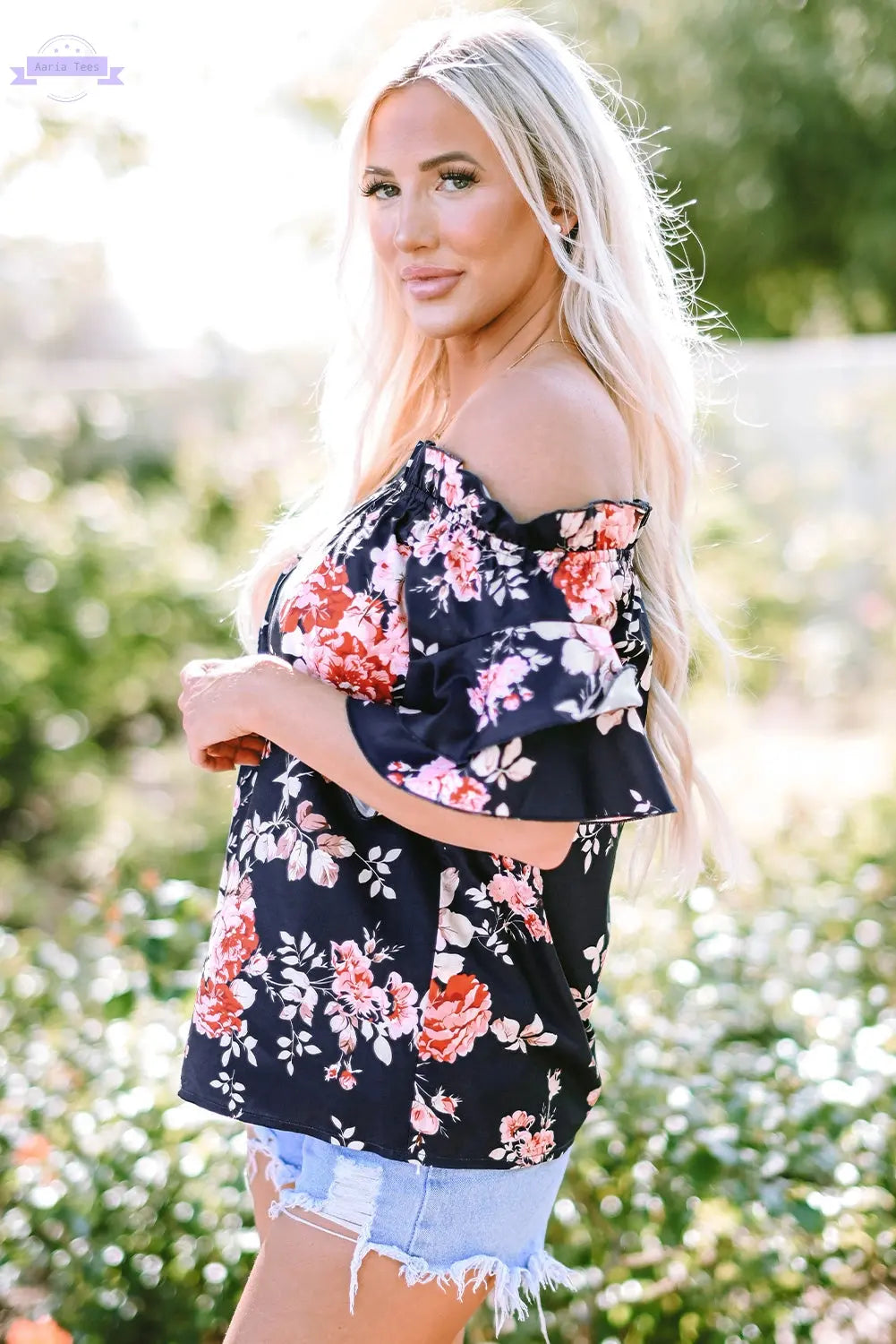 Savanna Ruffle Off Shoulder Flounce Sleeve Blouse Threaded Pear