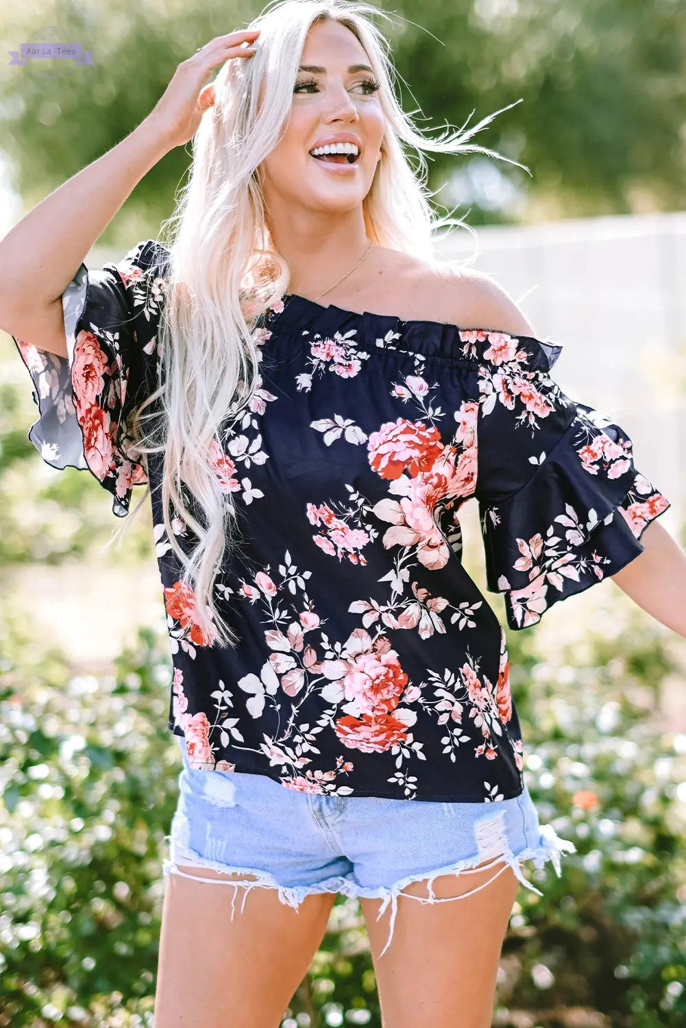 Savanna Ruffle Off Shoulder Flounce Sleeve Blouse Threaded Pear