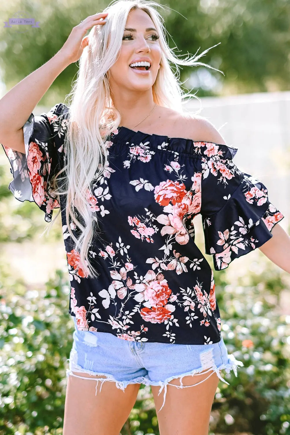 Savanna Ruffle Off Shoulder Flounce Sleeve Blouse Threaded Pear