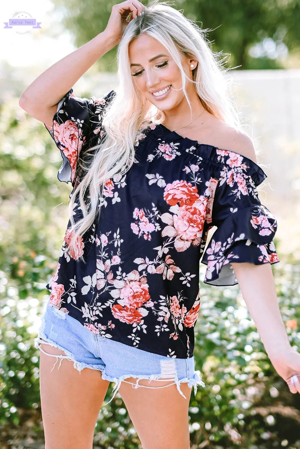 Savanna Ruffle Off Shoulder Flounce Sleeve Blouse Threaded Pear