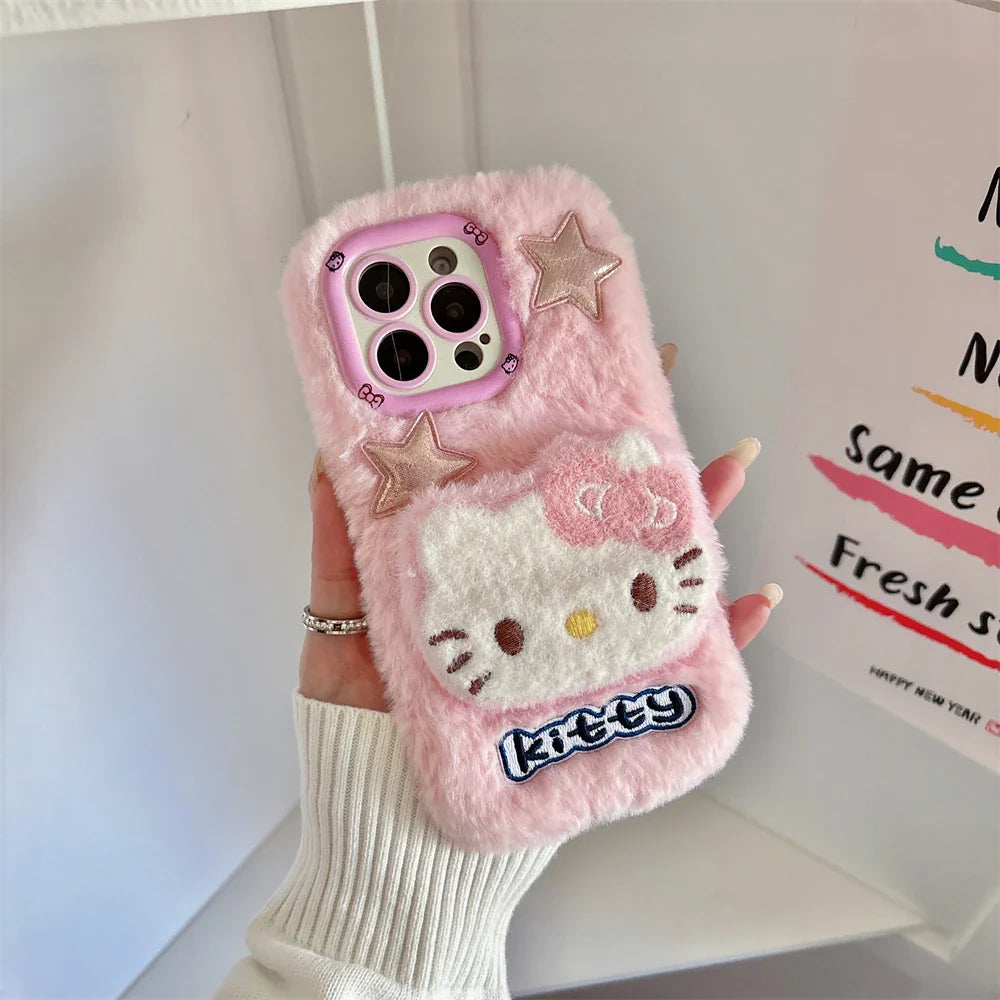 Cute Hello Kitty Fur Fluffy Camera Holder Stand Phone Case