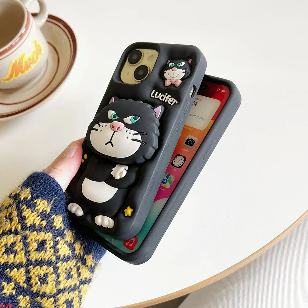 Cute 3D Cartoon Lucifer Cat With Stand Holder Phone Case