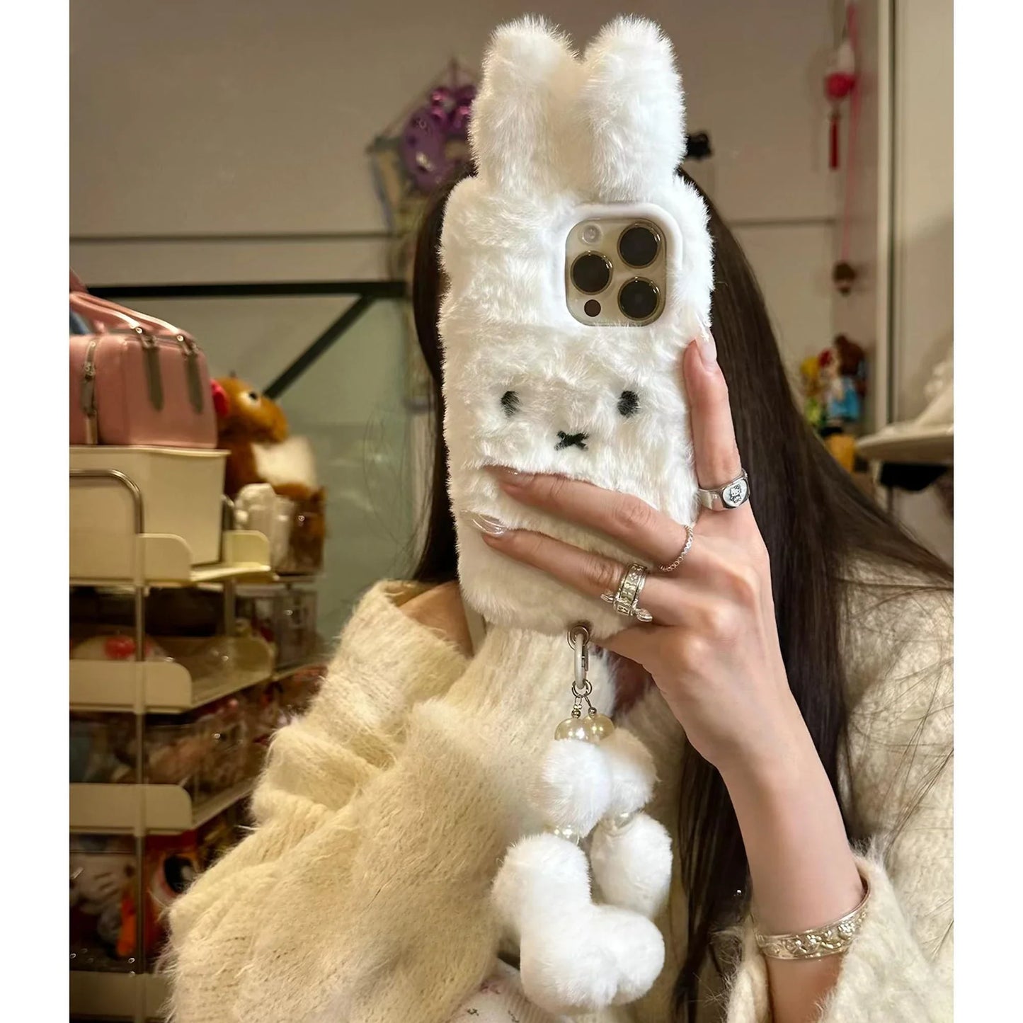 Plush Cute white Rabbit with Lanyard Phone Case