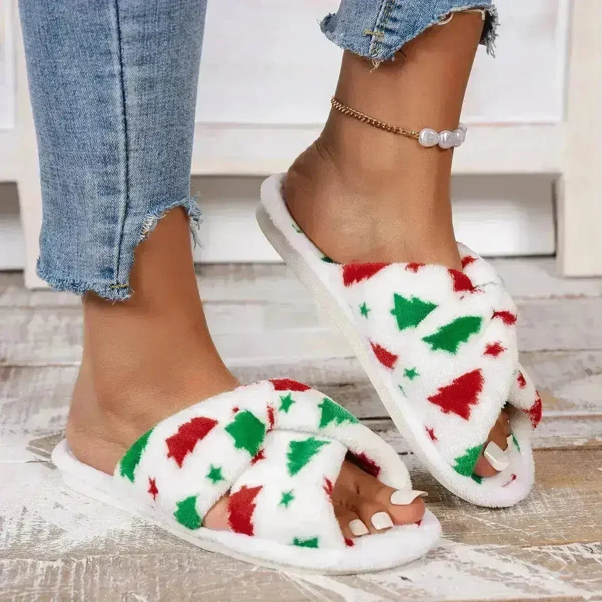 Christmas Tree Pattern Furry Bedroom Slippers