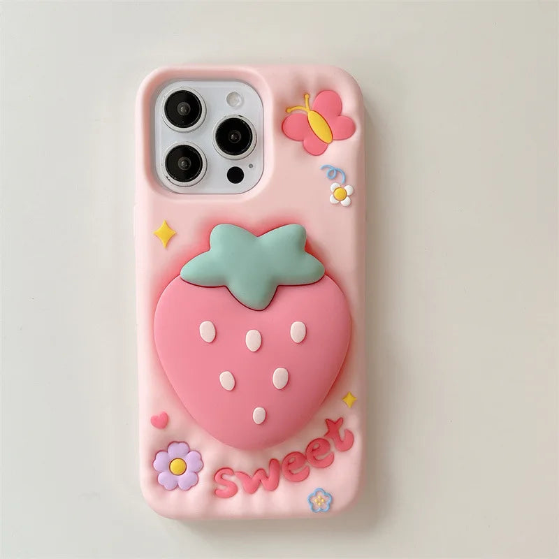 3D Cute Cartoon Strawberry Telescopic Bracket Silicone Phone Case For iPhone
