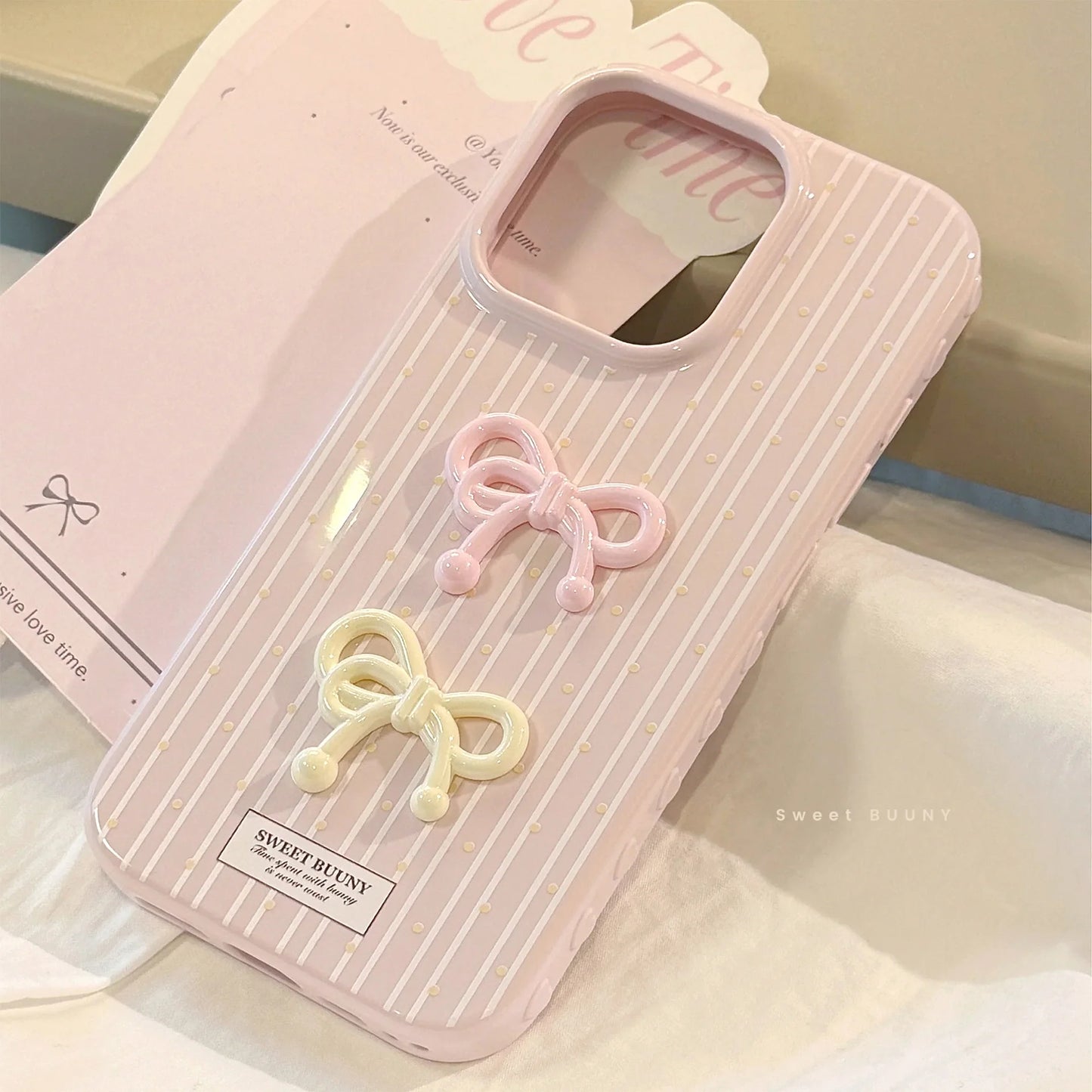 Korean Cute 3D Bowknot Pink Striped Wave Point Soft Phone Case For iPhone