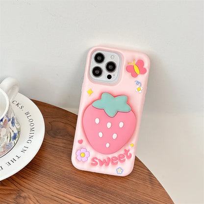 3D Cute Cartoon Strawberry Telescopic Bracket Silicone Phone Case For iPhone