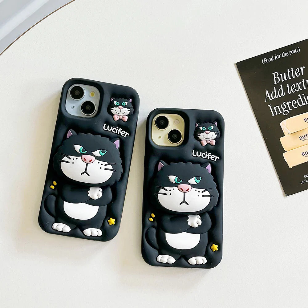 Cute 3D Cartoon Lucifer Cat With Stand Holder Phone Case