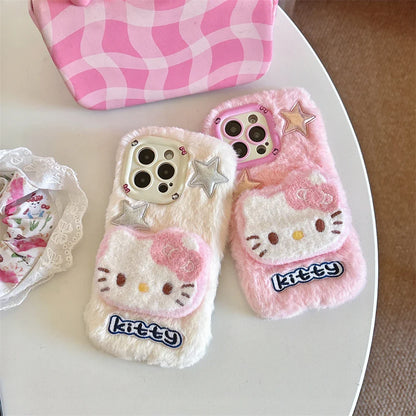 Cute Hello Kitty Fur Fluffy Camera Holder Stand Phone Case