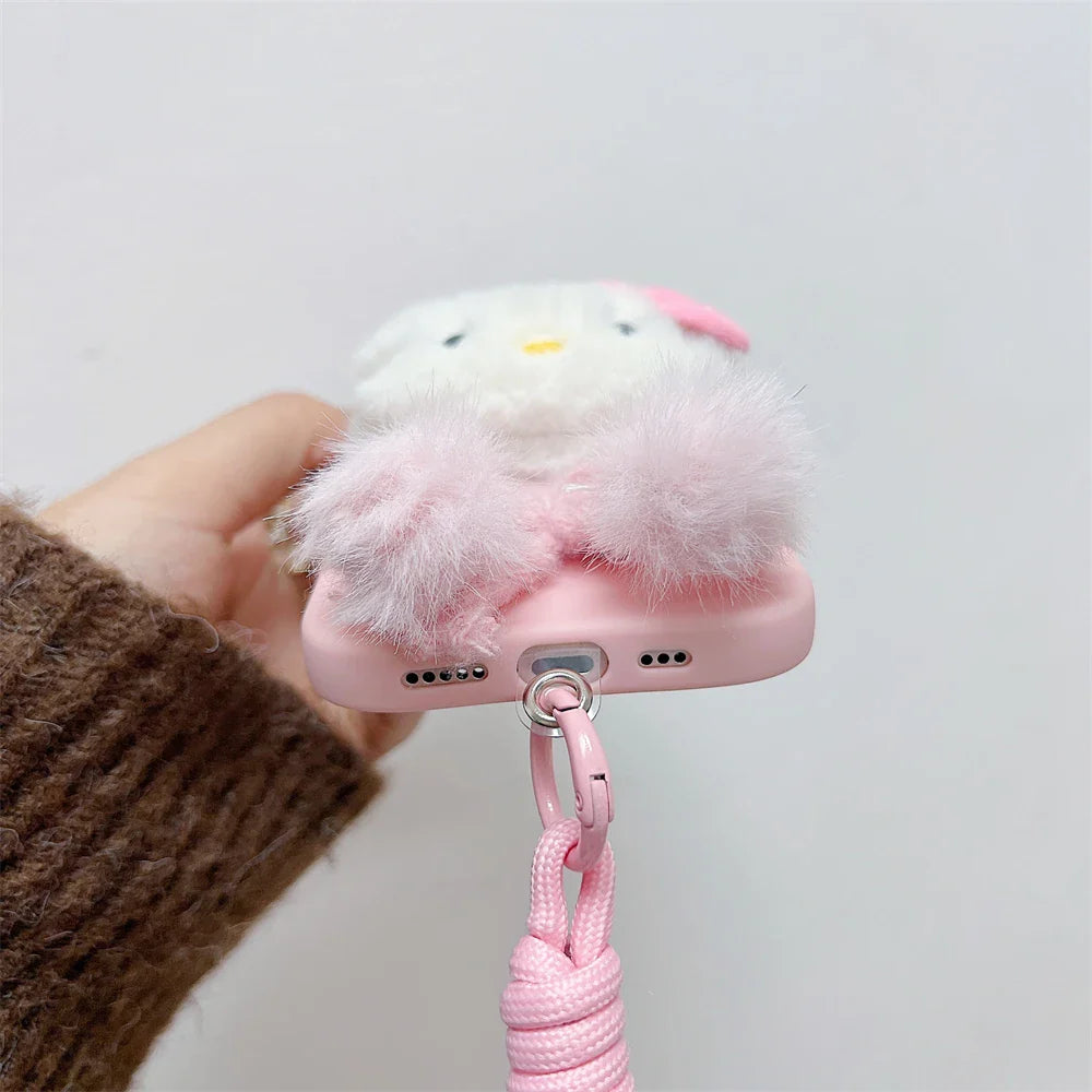 Pink Hello Kitty Fur Fluffy Cute Wrist Strap Phone Case