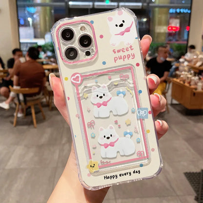 Lovely Cartoon Dog Rabbit Card Slot Phone Case For iPhone