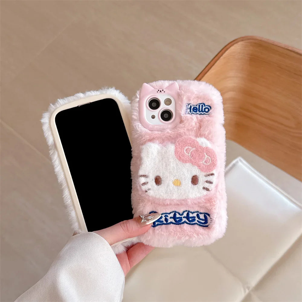 Cartoon Hello Kitty Plush Cat Ears Warm Winter Furry Fur Cover Phone Case