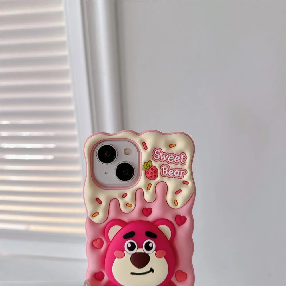 Lotso Strawberry Bear Cheese Face Holder Grip Tok Cartoon Silicon Soft Cover Phone Case