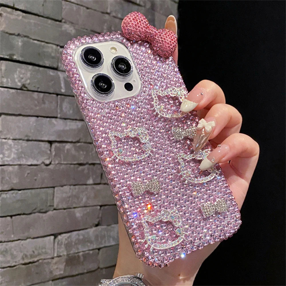 Full Diamond Glitter Hello Kitty Face Pink Bow Phone Case